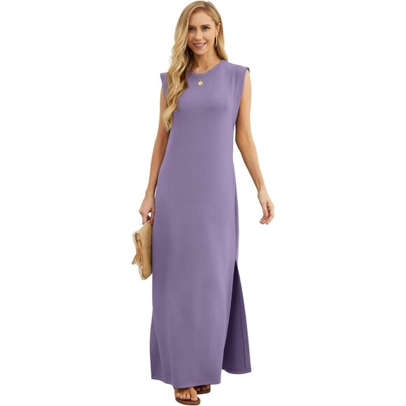 Grecerelle Women Purple Round Neck Loose Split Wrinkle-Free Long Maxi Dress - Picture 6 of 6